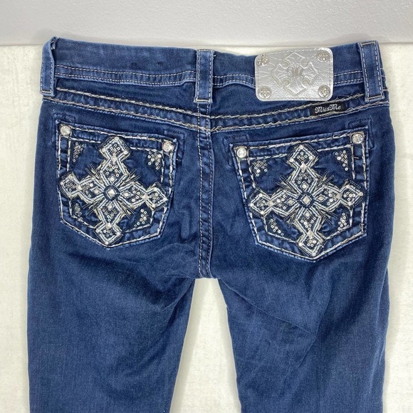 Miss Me Skinny Low-rise Bling Cross Back Pocket Stretch Dark Wash Rodeo Jean-26 - Picture 5 of 8